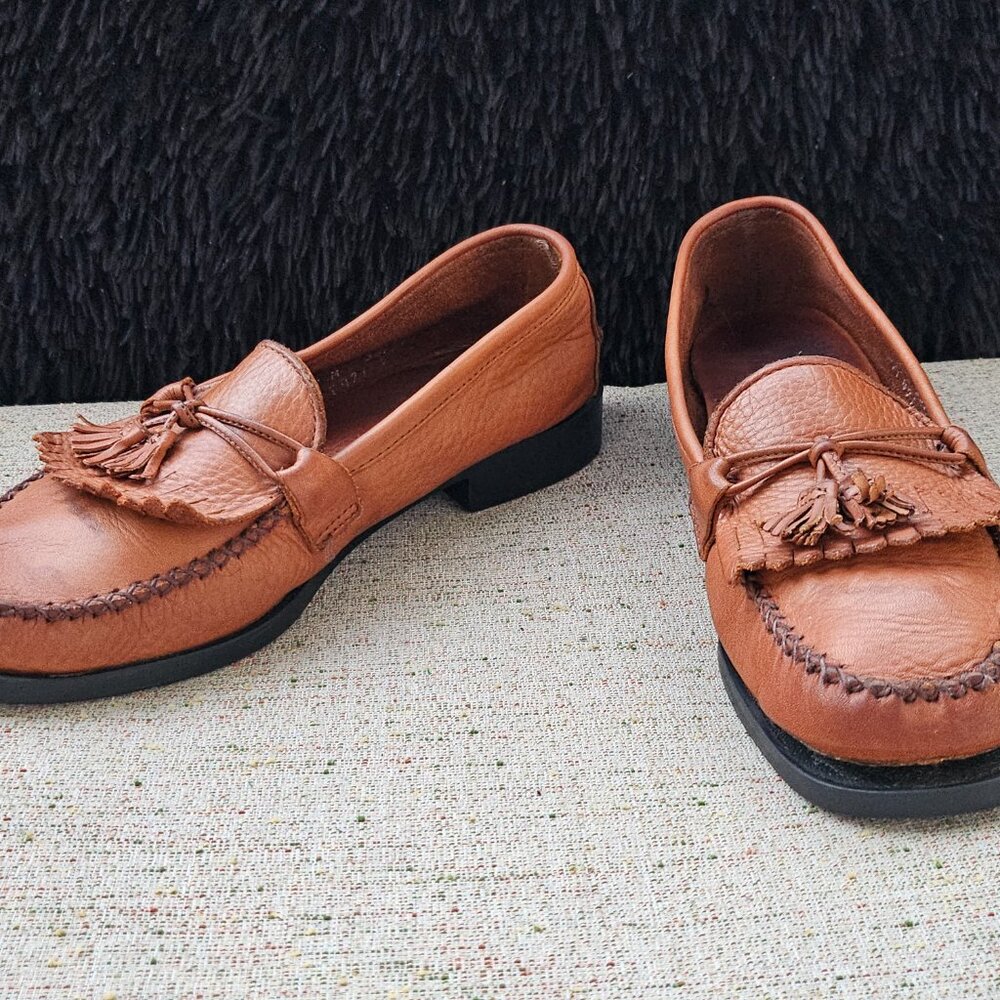 Dexter Comfort Women Loafer Brown Leather Tassel Fringe Block Heel Slip On Shoes - Picture 5 of 6